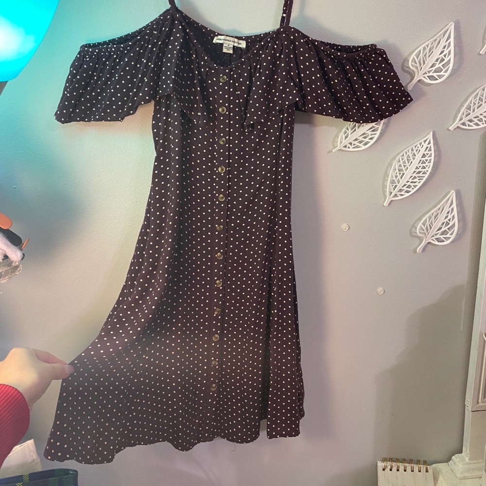 Purple/maroon polka dot off shoulder dress